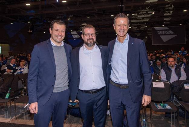 Football, Men, Season 2024 2025, 2 Bundesliga, Hertha BSC, Ordinary General Meeting in the CityCube at Messe Berlin, f l Sports Director Benjamin Weber Hertha BSC , Fabian Drescher Acting President, Hertha BSC , Managing Director Thomas E Herrich Hertha BSC , 17 11 2024, Copyright: xSebastianxRäppold MatthiasxKochx