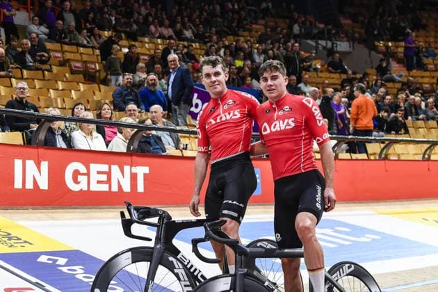 German Bruno Kessler and German Benjamin Boos celebrate after winning the U23 at the sixth and last day of the Zesdaagse Vlaanderen-Gent six-day indoor Track cycling, Rad, Radsport, Bahnrad, Bahn event at the indoor cycling arena t Kuipke, Sunday 17 November 2024, in Gent.  x105612121x