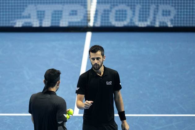 El Salvador s Marcelo Arevalo, and Croatia s Mate Pavic during the final match against Germany s Kevin Krawietz, and Tim PuetzÊ at the Inalpi Arena in Turin, Italy - - Sunday, November 17, 2024.  Copyright: xMarcoxAlpozzi LaPressex