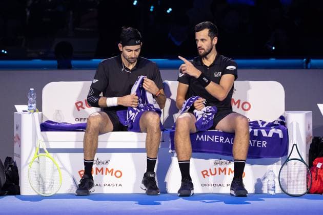 El Salvador s Marcelo Arevalo, and Croatia s Mate Pavic during the final match against Germany s Kevin Krawietz, and Tim PuetzÊ at the Inalpi Arena in Turin, Italy - - Sunday, November 17, 2024.  Copyright: xMarcoxAlpozzi LaPressex