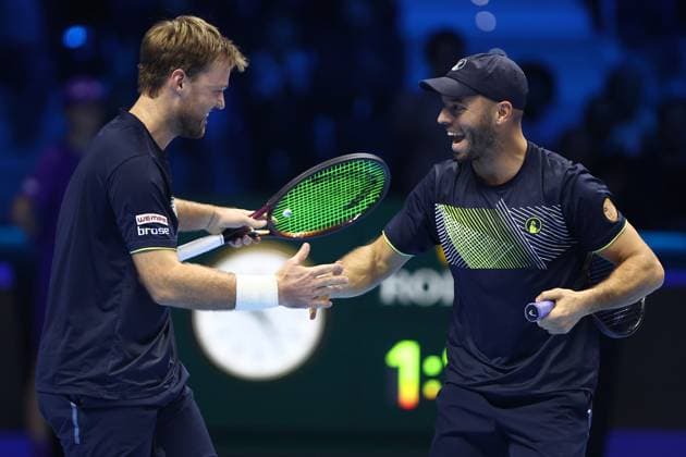 Kevin Krawietz (Germany) und Tim Puetz (Germany) celebrate after winning, Day 8, Nitto ATP, Tennis Herren Finals 2024, INALPI Arena, November 17, 2024, Turin, Italy.