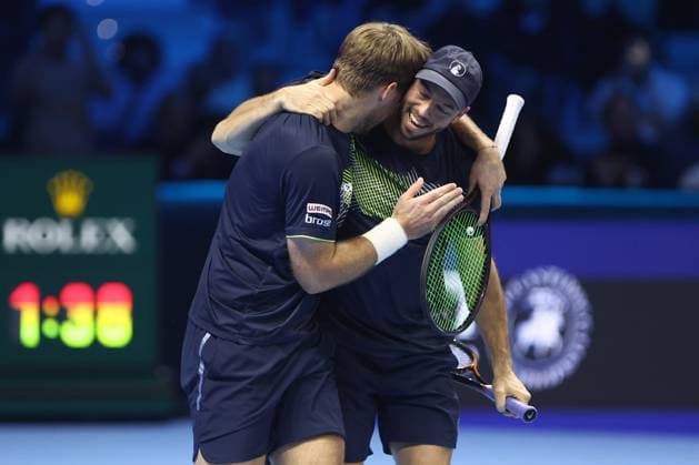 Kevin Krawietz (Germany) und Tim Puetz (Germany) celebrate after winning, Day 8, Nitto ATP, Tennis Herren Finals 2024, INALPI Arena, November 17, 2024, Turin, Italy.
