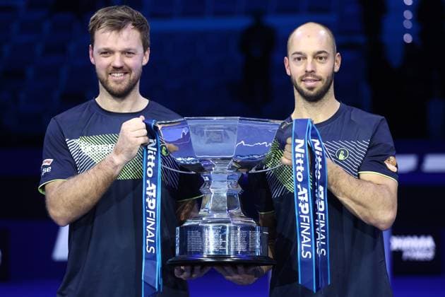 Kevin Krawietz (Germany) und Tim Puetz (Germany) celebrate after winning, Day 8, Nitto ATP, Tennis Herren Finals 2024, INALPI Arena, November 17, 2024, Turin, Italy.