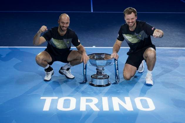 Nitto ATP, Tennis Herren Finals - Day Eight Kevin Krawietz and Tim Putz of Germany lift the trophy at the end of the final doubles match against Mate Pavic of Croatia and Marcelo Arevalo of El Salvador during day eight of the Nitto ATP Finals. Turin Italy Copyright: xNicolòxCampox