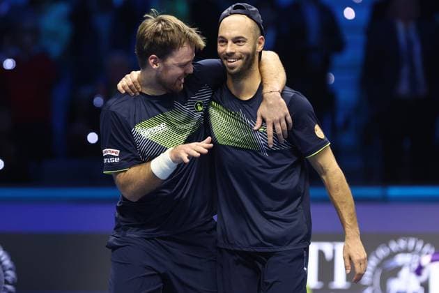 Krawietz Puetz vs Arevalo Pavic Kevin Krawietz and Tim Puetz of Germany celebrates after winning the final doubles match between Kevin Krawietz of Germany and Tim Puetz of Germany against Marcelo Arevalo of El Salvador and Mate Pavic of Croatia on Day eight of the Nitto ATP, Tennis Herren World Tour Finals. Turin Inalpi Arena Italy Copyright: xMarcoxCanonierox