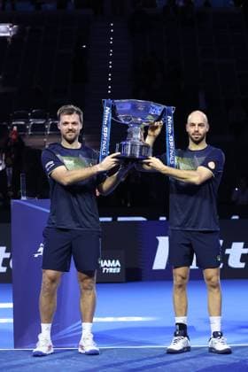 Krawietz Puetz vs Arevalo Pavic Kevin Krawietz and Tim Puetz of Germany celebrates with the trophy after winning the final doubles match between Kevin Krawietz of Germany and Tim Puetz of Germany against Marcelo Arevalo of El Salvador and Mate Pavic of Croatia on Day eight of the Nitto ATP, Tennis Herren World Tour Finals. Turin Inalpi Arena Italy Copyright: xMarcoxCanonierox