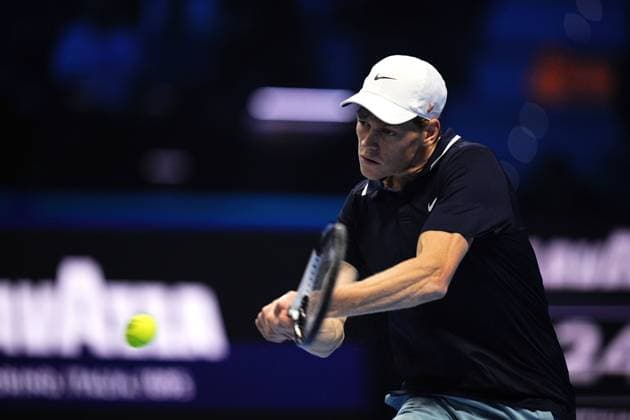 Italy s Jannik Sinner react during the singles final tennis match of the ATP, Tennis Herren World Tour Finals against United States Taylor Fritz at the Inalpi Arena in Turin, Italy - - Sunday, November 17, 2024.  Copyright: xMarcoxAlpozzi LaPressex