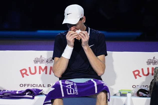 Italy s Jannik Sinner react during the singles final tennis match of the ATP, Tennis Herren World Tour Finals against United States Taylor Fritz at the Inalpi Arena in Turin, Italy - - Sunday, November 17, 2024.  Copyright: xMarcoxAlpozzi LaPressex
