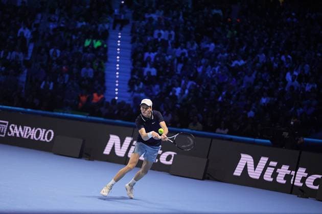 Italy s Jannik Sinner react during the singles final tennis match of the ATP, Tennis Herren World Tour Finals against United States Taylor Fritz at the Inalpi Arena in Turin, Italy - - Sunday, November 17, 2024.  Copyright: xMarcoxAlpozzi LaPressex