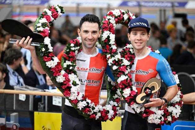 Lotto Six Days Flanders Ghent 2024 - day 6 GENT, BELGIUM - NOVEMBER 17 : Thomas Benjamin FRA of Belgaclima - DS Plastics and Van den Bossche Fabio BEL of Belgaclima - DS Plastics pictured during the podium ceremony after winning the 6th and final day of the 83th edition of the Six Days of Flanders-Ghent. The Six Days of Ghent ( Zesdaagse van Gent in Dutch) is a cycling event on the Kuipke cycling track in the Citadel Park in Ghent. On November 12, 2024 in Gent, Belgium, 12 11 2024 Gent Belgium  Copyright: xNicoxVereeckenx