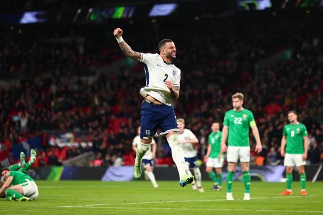 17th November 2024; Wembley Stadium, London, England; Nations League, League B, Group 2 International Football, England versus Republic of Ireland; Kyle Walker of England celebrates the goal by Conor Gallagher for 3-0 in minute 58  ActionPlus12716761 ShaunxBrooks