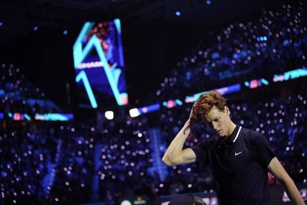 Italy s Jannik Sinner react after the singles final tennis match of the ATP, Tennis Herren World Tour Finals against United States Taylor Fritz at the Inalpi Arena in Turin, Italy - - Sunday, November 17, 2024.  Copyright: xMarcoxAlpozzi LaPressex