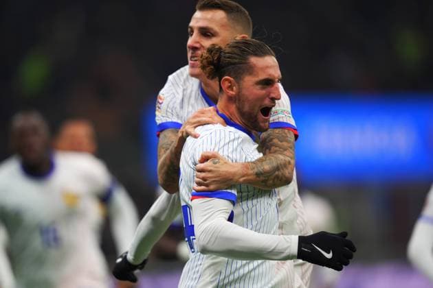 France s Adrien Rabiot celebrates after scoring 0-1 during the Uefa Nations League soccer match between Italy and France at the San Siro Stadium in Milan, north Italy - Sunday , November 17 , 2024. - Soccer .  Copyright: xSpada LaPressex