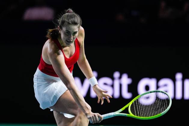 November 17, 2024, Malaga, Malaga, SPAIN: Rebecca Marino of Canada in action against Emma Raducanu of Great Britain during tennis match between Canada and Great Britain during The Billie Jean King Cup at Martin Carpena Pavilion stadium on November 17, 2024, in Malaga, Spain Malaga SPAIN - ZUMAa181 20241117_zaa_a181_355 Copyright: xJoaquinxCorcherox
