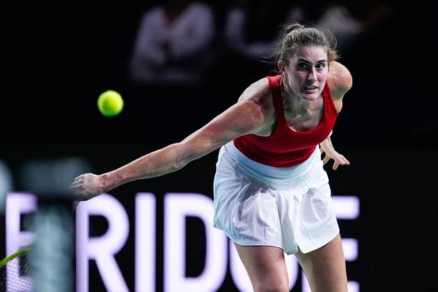 November 17, 2024, Malaga, Malaga, SPAIN: Rebecca Marino of Canada in action against Emma Raducanu of Great Britain during tennis match between Canada and Great Britain during The Billie Jean King Cup at Martin Carpena Pavilion stadium on November 17, 2024, in Malaga, Spain Malaga SPAIN - ZUMAa181 20241117_zaa_a181_356 Copyright: xJoaquinxCorcherox