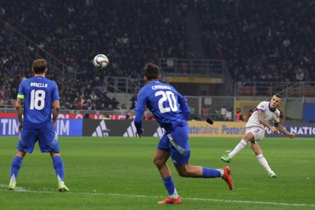Milan, Italy, 17th November 2024. Lucas Digne of France scores a free kick to give the side a 2-0 lead during the UEFA Nations League match at Stadio Giuseppe Meazza, Milan. Picture credit should read: Jonathan Moscrop Sportimage EDITORIAL USE ONLY. No use with unauthorised audio, video, data, fixture lists, club league logos or live services. Online in-match use limited to 120 images, no video emulation. No use in betting, games or single club league player publications. SPI-3453-0010