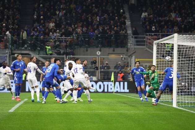 November 17, 2024, Milan, Lombardy, Italy: ADRIEN RABIOT of France scores his side s first goal during the UEFA Nations League 2024 matchday 6 of 6 between ITALY and FRANCE at San Siro Stadium in Milan, Italy Milan Italy - ZUMAc179 20241117_zep_c179_029 Copyright: xMickaelxChavetx