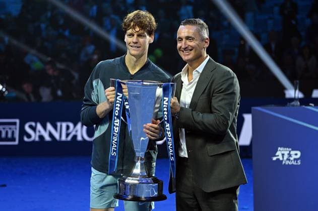 Foto IPP Massimo Rana Torino 17-11-2024 Tennis ATP, Tennis Herren Finals 2024 nella foto jannik sinner vincitore con andrea gaudenzi Italy Photo Press - World Copyright italy  Copyright: xR4924_italyphotopressx