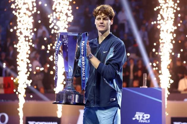 Jannik Sinner vs Taylor Fritz Jannik Sinner of Italy celebrates with the trophy at the end of the final singles match between Jannik Sinner of Italy and Taylor Fritz of USA on Day eight of the Nitto ATP, Tennis Herren World Tour Finals. Torino Inalpi Arena Italy Copyright: xMarcoxCanonierox
