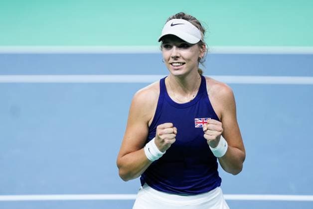 November 17, 2024, Malaga, Malaga, SPAIN: Katie Boulter of Great Britain celebrate the victory against Leylah Fernandez of Canada during tennis match between Canada and Great Britain during The Billie Jean King Cup at Martin Carpena Pavilion stadium on November 17, 2024, in Malaga, Spain Malaga SPAIN - ZUMAa181 20241117_zaa_a181_405 Copyright: xJoaquinxCorcherox