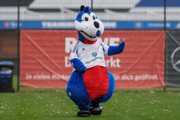 v li The HSV mascot Dino Hermann, mascot of Hamburger SV, cropped image, single image, full body, action, action, THE DFB REGULATIONS PROHIBIT ANY USE OF PHOTOGRAPHS AS IMAGE SEQUENCES AND OR QUASI VIDEO , 17 11 2024, Hamburg Germany , Football, 2 Womens Bundesliga, Hamburger SV 1 FC Nürnberg xobx