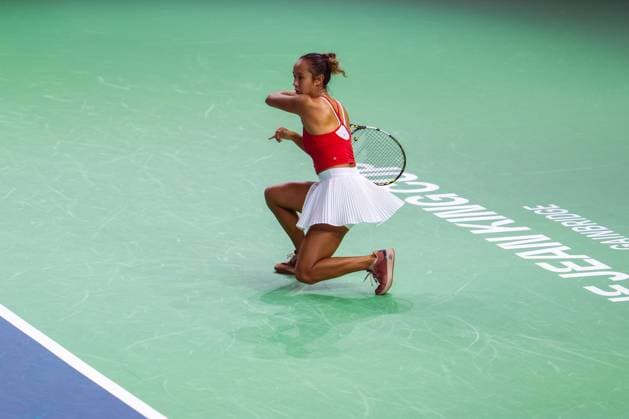 November 17, 2024, Malaga, Malaga, Spain: LEYLAH FERNANDEZ of Canada in action during match against KATIE BOULTER of Great Britain during tennis match between Canada and Great Britain during the Billie Jean King Cup 2024. Malaga Spain - ZUMAg271 20241117_znp_g271_027 Copyright: xNataliaxGarciax