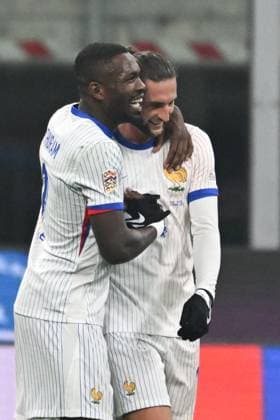 CALCIO - UEFA Nations League - Italy vs France Adrien Rabiot of France and Marcus Thuram of France celebrating after a goal during the Group A2 - UEFA NATIONS LEAGUE 2024 match between Italy and France on 17 of November 2024 at Giuseppe Meazza San Siro Siro stadium in Milan, Italy. Milan Italy  Copyright: xIPAxSport ABACAx