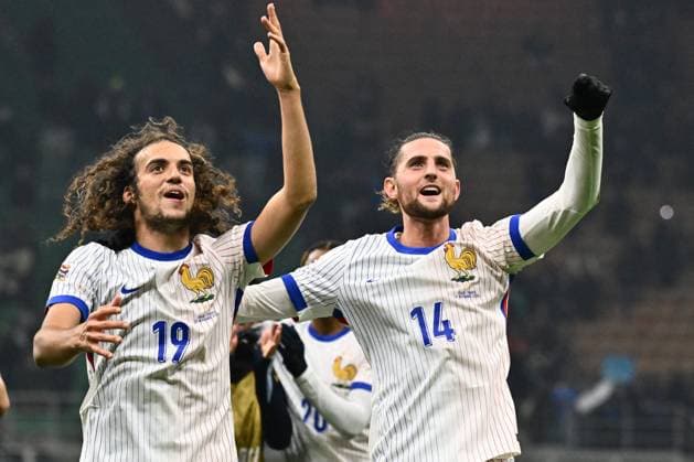 Nations League - Italy v France Matteo Guendouzi (FRA) and Adrien Rabiot (FRA) celebrate the victory during the UEFA Nations League Matchday 6 match between Italy and FRance at the San Siro Stadium on November 17, 2024 in Milan, Italy. Photo by IPA ABACAPRESS.COM Milan Italy  Copyright: xIPA ABACAx