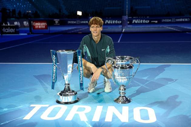 (241118) -- TURIN, Nov. 18, 2024 -- Jannik Sinner of Italy poses with the trophies of the ATP, Tennis Herren Finals and ATP Year-End No.1 after winning the men s singles final match against Taylor Fritz of the United States at the ATP Finals in Turin, Italy, on Nov. 17, 2024. ) (SP)ITALY-TURIN-TENNIS-ATP FINALS-SINGLES FINAL LixJing 