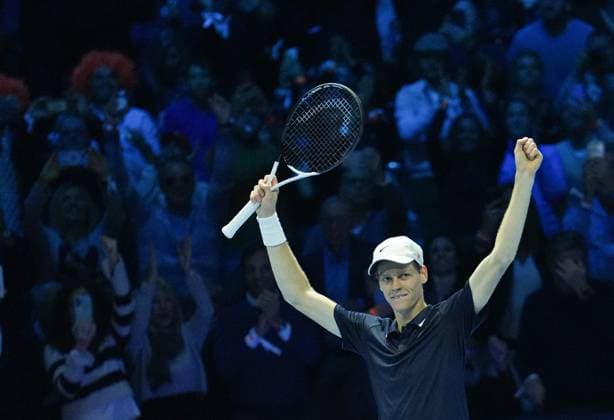 (241118) -- TURIN, Nov. 18, 2024 -- Jannik Sinner of Italy celebrates after winning the men s singles final match against Taylor Fritz of the United States at the ATP, Tennis Herren Finals in Turin, Italy, on Nov. 17, 2024. ) (SP)ITALY-TURIN-TENNIS-ATP FINALS-SINGLES FINAL LixJing 