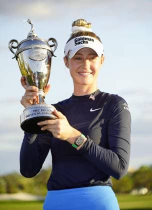 Golf: Annika tournament Nelly Korda of the United States holds the trophy after winning the Annika golf tournament on Nov. 17, 2024, at Pelican Golf Club in Belleair, Florida.  A14AA0003751967P