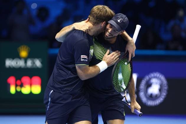 Kevin Krawietz (Germany) und Tim Puetz (Germany) celebrate after winning, Day 8, Nitto ATP, Tennis Herren Finals 2024, INALPI Arena, November 17, 2024, Turin, Italy.