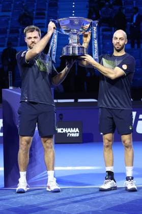 Kevin Krawietz (Germany) und Tim Puetz (Germany) celebrate after winning, Day 8, Nitto ATP, Tennis Herren Finals 2024, INALPI Arena, November 17, 2024, Turin, Italy.