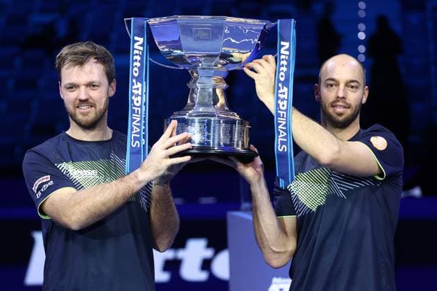 Kevin Krawietz (Germany) und Tim Puetz (Germany) celebrate after winning, Day 8, Nitto ATP, Tennis Herren Finals 2024, INALPI Arena, November 17, 2024, Turin, Italy.