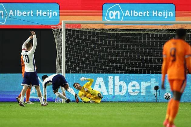 ALMERE , 18-11-2024 , Yanmar stadium , season 2024 2025 , UEFA European U21, U 21 Football 2025 Friendly match. England U21 player Dane Scarlett scores 0-1 during the match Netherlands U21 - England U21 Netherlands U21 - England U21  x26776110x Copyright: