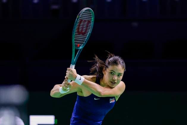 MALAGA, SPAIN - NOVEMBER 19: Emma Raducanu of Great Britain play backwards during to the Billie Jean King Cup Finals at Palacio de Deportes Jose Maria Martin Carpena on November 19, 2024 in Malaga, Spain. SPO 