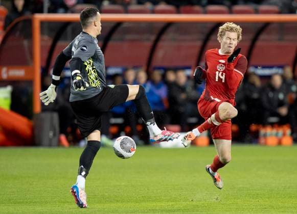 November 19, 2024, Toronto, On, CANADA: Canada forward Jacob Shaffelburg (14) puts the ball through the legs of Suriname keeper Etienne Vaessen on his way to scoring in CONCACAF Nations League action in Toronto, Tuesday, Nov. 19, 2024. Canada News - November 19, 2024  - ZUMAc35_ 20241119_zaf_c35_134 Copyright: xFrankxGunnx