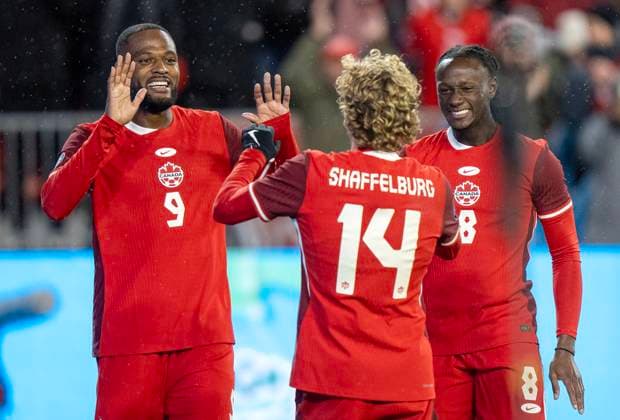 November 19, 2024, Toronto, On, CANADA: Canada forward Jacob Shaffelburg (14) is congratulated by forward Cyle Larin (9) and midfielder IsmaoÂ«l Kono after sconing his second goal of the game against Suriname in CONCACAF Nations League action in Toronto, Tuesday, Nov. 19, 2024. Canada News - November 19, 2024  - ZUMAc35_ 20241119_zaf_c35_143 Copyright: xFrankxGunnx