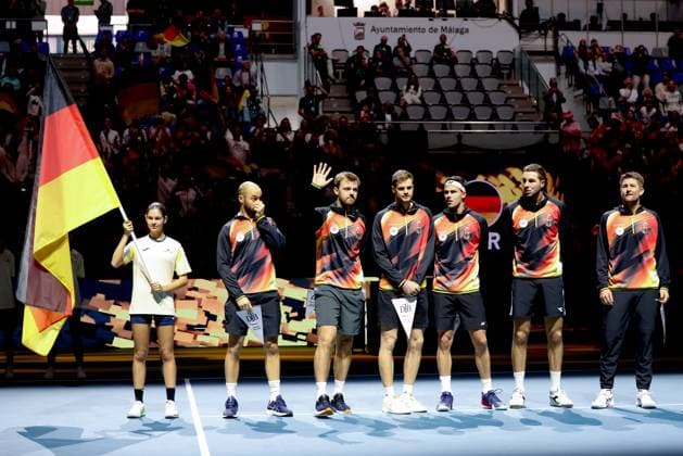 Team Germany,L R Tim Puetz,Kevin Krawietz, Yannick Hanfmann,Daniel Altmaier,Jan Lennard Struff and team captain, Michael Kohlmann, opening ceremony, Davis Cup Final 2024, Palacio de Deportes JosÃ Copyright: xJuergenxHasenkopfx