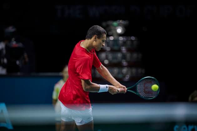 Quarter finals Davis Cup Final 8 singles match 1 Gabriel Diallo of Canada team in action against Daniel Altmaier of Germany team seen in action during the Quarter finals Davis Cup Final 8 singles match 1. Martin Carpena Arena. Malaga Martin Carpena Arena Malaga Spain Copyright: xCESARxMARCHx