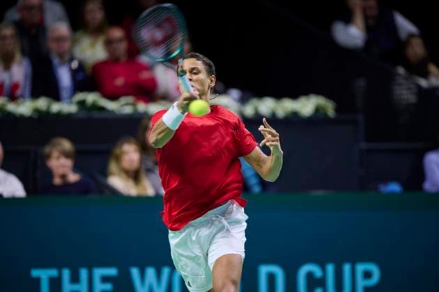 Quarter finals Davis Cup Final 8 singles match 1 Gabriel Diallo of Canada team in action against Daniel Altmaier of Germany team seen in action during the Quarter finals Davis Cup Final 8 singles match 1. Martin Carpena Arena. Malaga Martin Carpena Arena Malaga Spain Copyright: xCESARxMARCHx