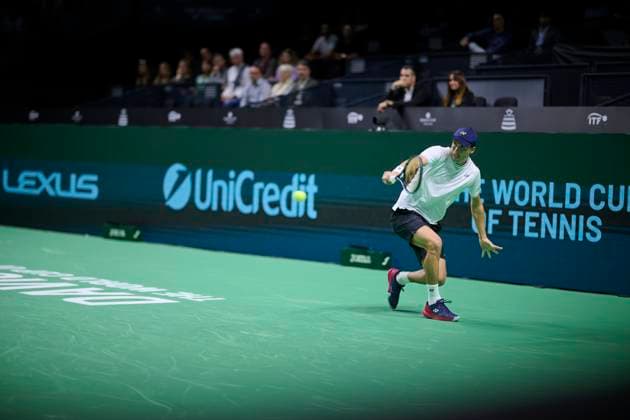 Quarter finals Davis Cup Final 8 singles match 1 Daniel Altmaier of Germany team in action against Gabriel Diallo of Canada team seen in action during the Quarter finals Davis Cup Final 8 singles match 1. Martin Carpena Arena. Malaga Martin Carpena Arena Malaga Spain Copyright: xCESARxMARCHx