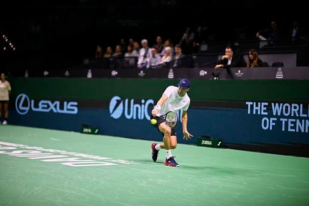 Quarter finals Davis Cup Final 8 singles match 1 Daniel Altmaier of Germany team in action against Gabriel Diallo of Canada team seen in action during the Quarter finals Davis Cup Final 8 singles match 1. Martin Carpena Arena. Malaga Martin Carpena Arena Malaga Spain Copyright: xVicentexVidalxFernandezx