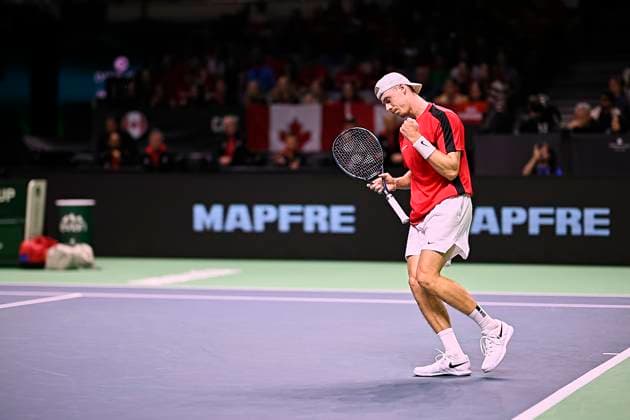 Quarter finals Davis Cup Final 8 singles match 1 on November 19, 2024 Denis Shapovalov of Canada team in action against Daniel Altmaier of Germany team seen in action during the Quarter finals Davis Cup Final 8 singles match 1 on November 19, 2024 Martin Carpena Arena. Malaga Martin Carpena Arena Malaga Spain Copyright: xVicentexVidalxFernandezx