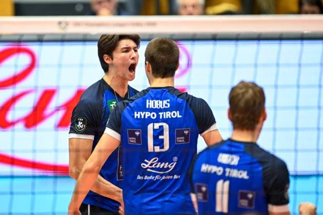 VOLLEYBALL - CEV CL, Tirol vs Milano INNSBRUCK,AUSTRIA,20.NOV.24 - VOLLEYBALL - CEV Champions League, Hypo Tirol vs Allianz Milano. Image shows the rejoicing of Kyle Michael Paulison (Tirol).  GEPAxpictures xDanielxSchoenherr