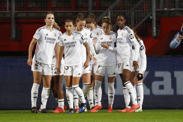 ENSCHEDE - Real Madrid celebrates 1-1 during the UEFA Champions League women s match between FC Twente and Real Madrid at Stadion De Grolsch Veste on Nov. 20, 2024 in Enschede, Netherlands. ANP VINCENT JANNINK UEFA Women s Champions League 2024 25 Group Stage MD4 2024 25 xVIxANPxSportx xxANPxIVx 513901636 originalFilename: 513901636.jpg