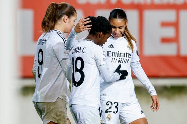 Signe Bruun of Real Madrid scores the 1:2 and celebrates the goal , UEFA Women s Champions League 2024 25 Group Stage MD4, FC Twente v Real Madrid CF, FC Twente Stadium, November 20, 2024, Enschede, Netherlands.