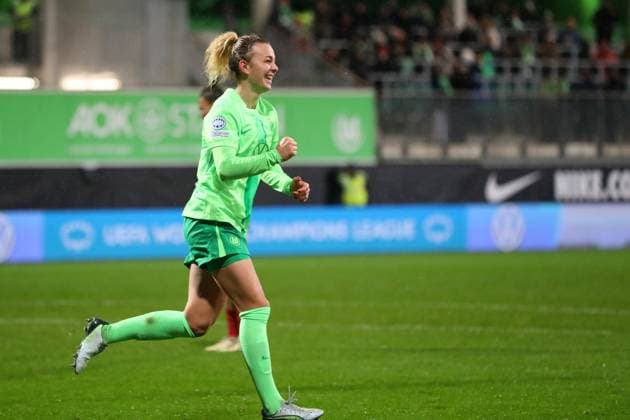 VfL vs Galatasaray SK, CL Women Wolfsburg, 20 11 2024, FOOTBALL VfL Wolfsburg vs Galatasaray SK, group round Champions League Women, 2024 season 25 Lena Lattwein VfL Wolfsburg celebrates after her goal to make it 5 0 Wolfsburg