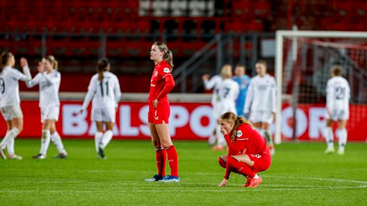 Sophie Proost of FC Twente and Charlotte Hulst of FC Twente looks dejected , UEFA Women s Champions League 2024 25 Group Stage MD4, FC Twente v Real Madrid CF, FC Twente Stadium, November 20, 2024, Enschede, Netherlands.