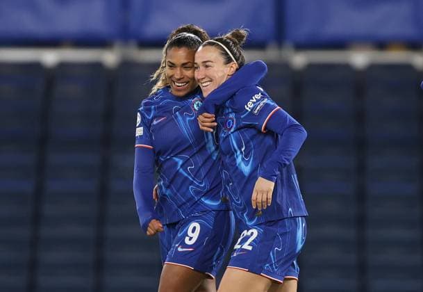- Chelsea Women v Celtic Women, UEFA Women™s Champions League, Group Stage, Group B, Stamford Bridge Stadium, London, UK - 20th November 2024. Daniel Weir Crystal Pix. GOAL 1-0, Lucy Bronze of Chelsea Women goal celebration with Catarina Macario of Chelsea Women. - Chelsea Women v Celtic Women, UEFA Women™s Champions League, Group Stage, Group B, Stamford Bridge Stadium, London, UK - 20th November 2024. Daniel Weir Crystal Pix. London Stamford Bridge Stadium UK Copyright: xDanxWeirx CP_Chelsea_Women_Celtic_Women_03